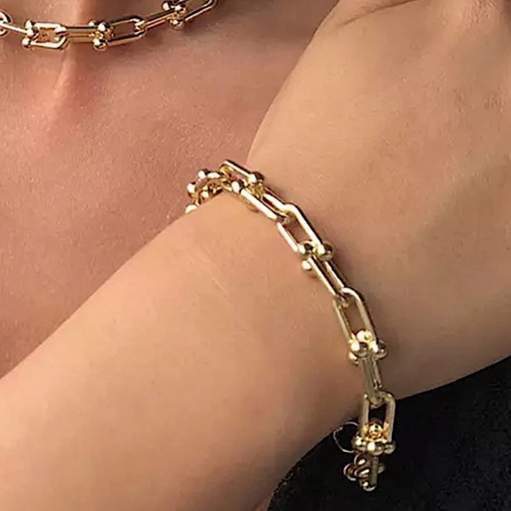 Gold 18K GP Unisex U Shaped Chain Link Bracelet - Picture 5 of 9